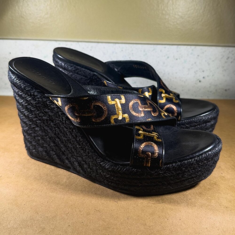 GUCCI Horsebit Espadrille Black Wedges 155041 - Size 37